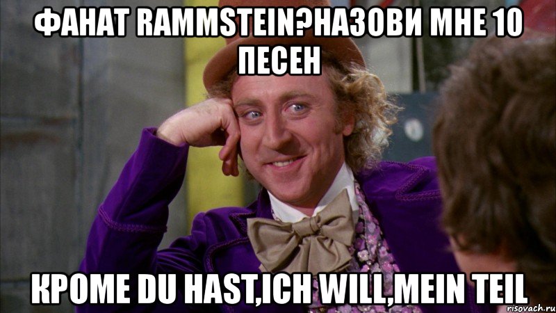 фанат rammstein?назови мне 10 песен кроме du hast,ich will,mein teil, Мем Ну давай расскажи (Вилли Вонка)