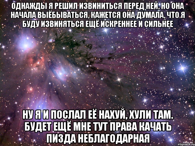 однажды я решил извиниться перед ней, но она начала выёбываться, кажется она думала, что я буду извиняться ещё искреннее и сильнее ну я и послал её нахуй, хули там. будет ещё мне тут права качать пизда неблагодарная, Мем Космос