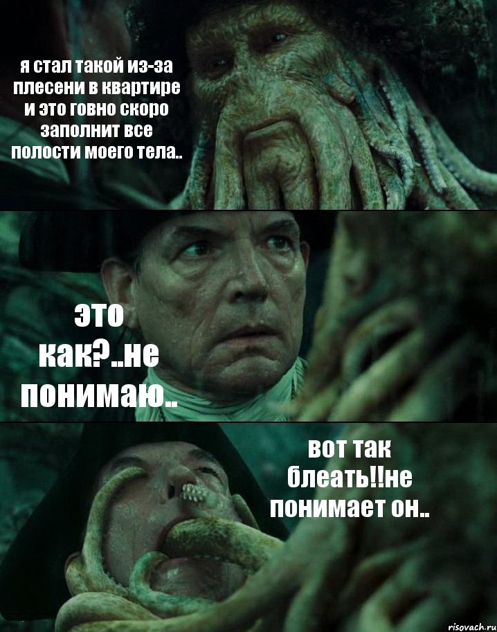 я стал такой из-за плесени в квартире и это говно скоро заполнит все полости моего тела.. это как?..не понимаю.. вот так блеать!!не понимает он.., Комикс Пираты Карибского моря