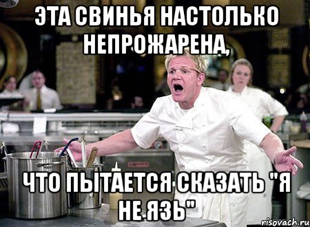 эта свинья настолько непрожарена, что пытается сказать "я не язь", Мем ПОВАР