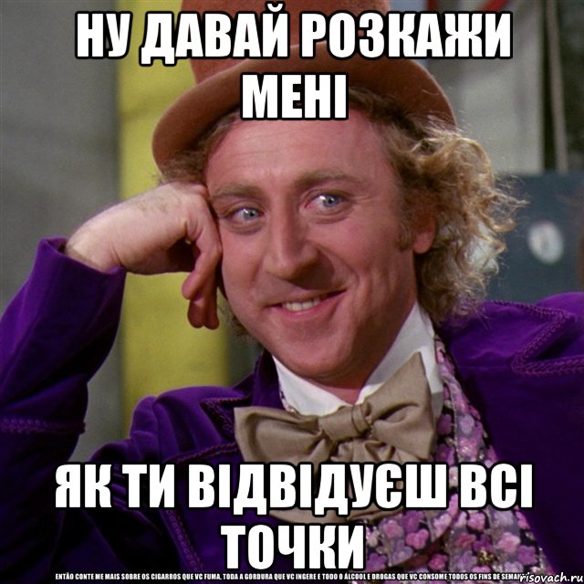 ну давай розкажи мені як ти відвідуєш всі точки, Мем Ну давай расскажи (Вилли Вонка)