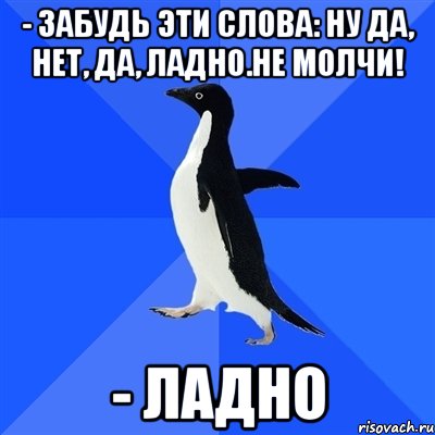 - забудь эти слова: ну да, нет, да, ладно.не молчи! - ладно, Мем  Социально-неуклюжий пингвин