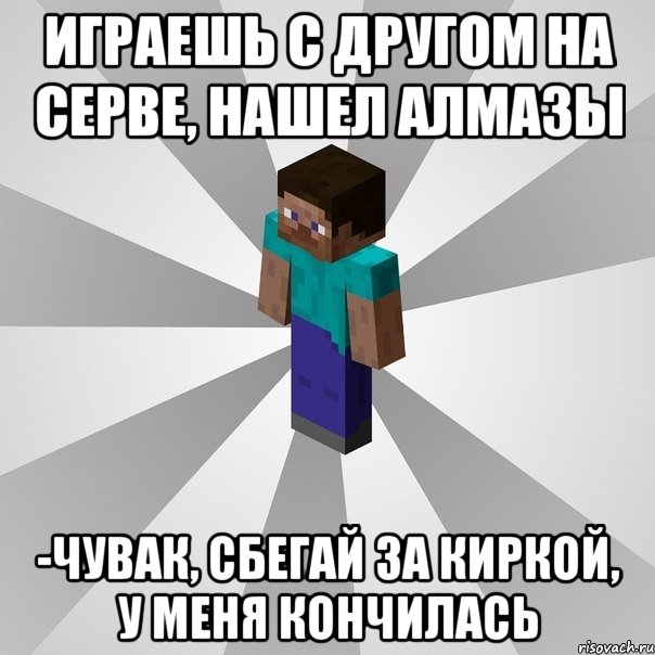 играешь с другом на серве, нашел алмазы -чувак, сбегай за киркой, у меня кончилась, Мем Типичный игрок Minecraft