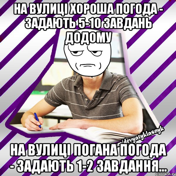 на вулиці хороша погода - задають 5-10 завдань додому на вулиці погана погода - задають 1-2 завдання..., Мем Типовий девятикласник