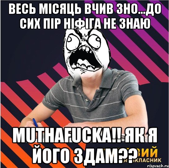 весь місяць вчив зно...до сих пір ніфіга не знаю muthafucka!! як я його здам??