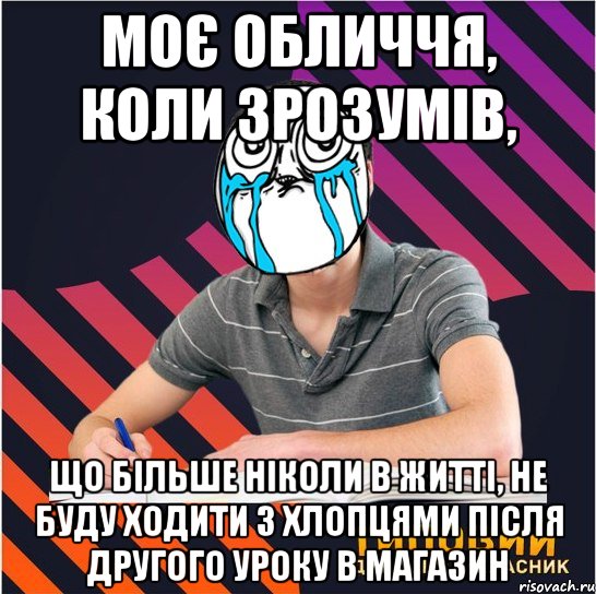 моє обличчя, коли зрозумів, що більше ніколи в житті, не буду ходити з хлопцями після другого уроку в магазин, Мем Типовий одинадцятикласник