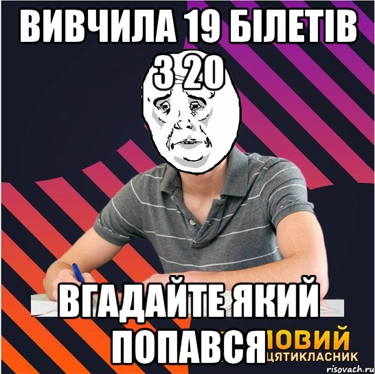 вивчила 19 білетів з 20 вгадайте який попався, Мем Типовий одинадцятикласник