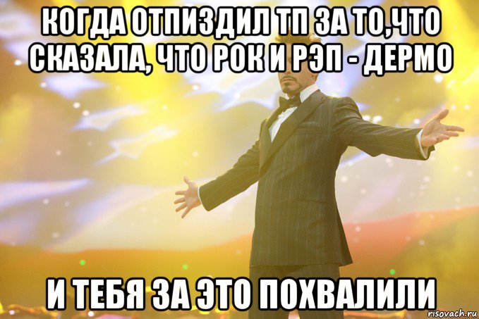 когда отпиздил тп за то,что сказала, что рок и рэп - дермо и тебя за это похвалили, Мем Тони Старк (Роберт Дауни младший)