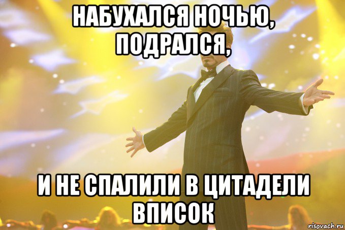 набухался ночью, подрался, и не спалили в цитадели вписок, Мем Тони Старк (Роберт Дауни младший)