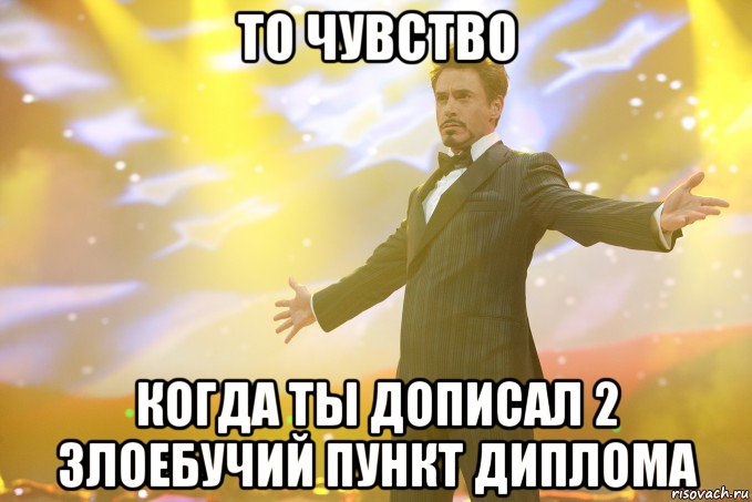 то чувство когда ты дописал 2 злоебучий пункт диплома, Мем Тони Старк (Роберт Дауни младший)