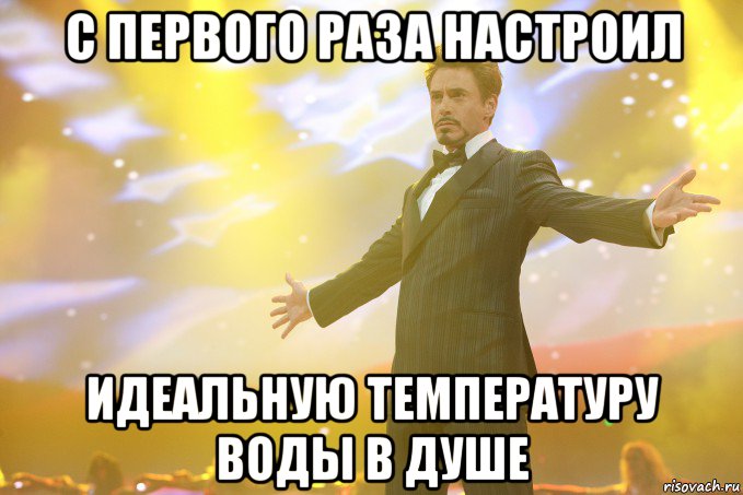 с первого раза настроил идеальную температуру воды в душе, Мем Тони Старк (Роберт Дауни младший)