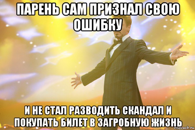 парень сам признал свою ошибку и не стал разводить скандал и покупать билет в загробную жизнь, Мем Тони Старк (Роберт Дауни младший)