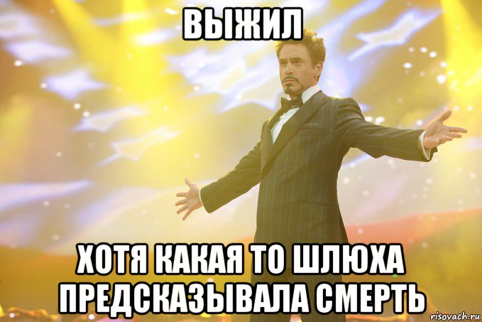 выжил хотя какая то шлюха предсказывала смерть, Мем Тони Старк (Роберт Дауни младший)