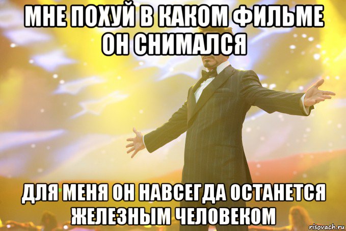 мне похуй в каком фильме он снимался для меня он навсегда останется железным человеком, Мем Тони Старк (Роберт Дауни младший)