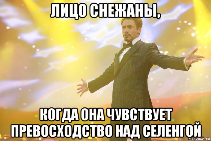 лицо снежаны, когда она чувствует превосходство над селенгой, Мем Тони Старк (Роберт Дауни младший)
