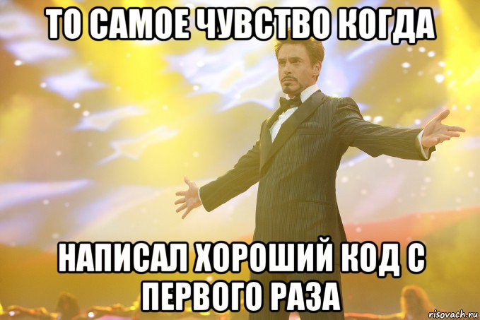 то самое чувство когда написал хороший код с первого раза, Мем Тони Старк (Роберт Дауни младший)