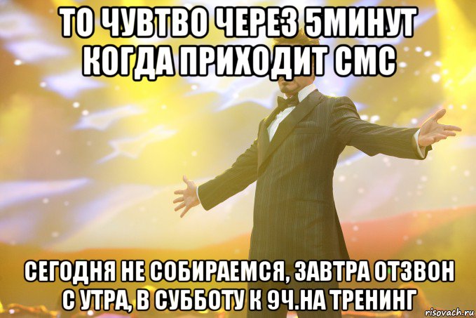 то чувтво через 5минут когда приходит смс сегодня не собираемся, завтра отзвон с утра, в субботу к 9ч.на тренинг, Мем Тони Старк (Роберт Дауни младший)