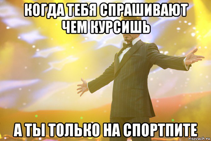 когда тебя спрашивают чем курсишь а ты только на спортпите, Мем Тони Старк (Роберт Дауни младший)