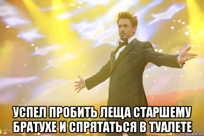  успел пробить леща старшему братухе и спрятаться в туалете, Мем Тони Старк (Роберт Дауни младший)
