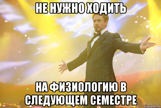 не нужно ходить на физиологию в следующем семестре, Мем Тони Старк (Роберт Дауни младший)