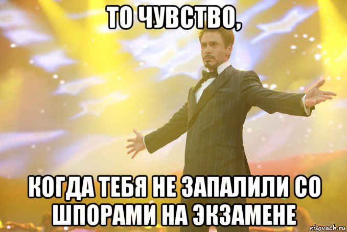 то чувство, когда тебя не запалили со шпорами на экзамене, Мем Тони Старк (Роберт Дауни младший)