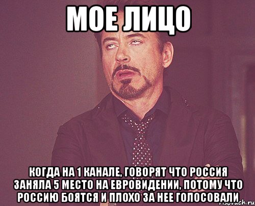 мое лицо когда на 1 канале, говорят что россия заняла 5 место на евровидении, потому что россию боятся и плохо за нее голосовали, Мем твое выражение лица