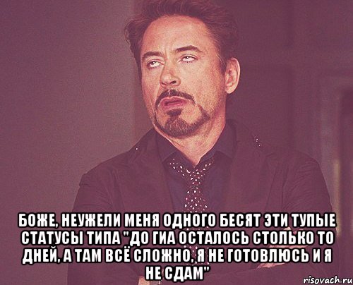  боже, неужели меня одного бесят эти тупые статусы типа "до гиа осталось столько то дней, а там всё сложно, я не готовлюсь и я не сдам", Мем твое выражение лица