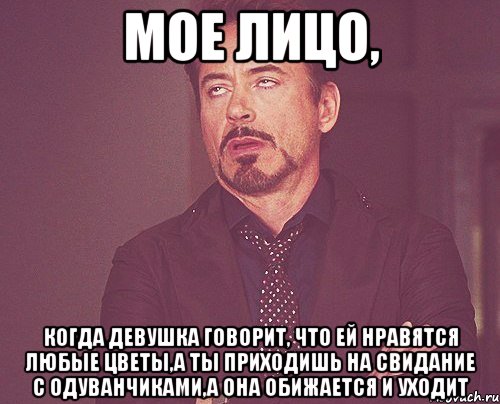 мое лицо, когда девушка говорит, что ей нравятся любые цветы,а ты приходишь на свидание с одуванчиками,а она обижается и уходит, Мем твое выражение лица