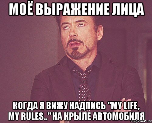 моё выражение лица когда я вижу надпись "my life, my rules.." на крыле автомобиля, Мем твое выражение лица