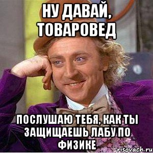 ну давай, товаровед послушаю тебя, как ты защищаешь лабу по физике, Мем Ну давай расскажи (Вилли Вонка)