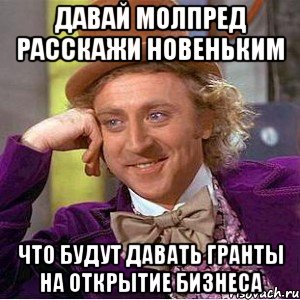 давай молпред расскажи новеньким что будут давать гранты на открытие бизнеса, Мем Ну давай расскажи (Вилли Вонка)