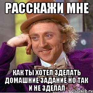 расскажи мне как ты хотел зделать домашние задание но так и не зделал, Мем Ну давай расскажи (Вилли Вонка)