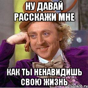 ну давай расскажи мне как ты ненавидишь свою жизнь, Мем Ну давай расскажи (Вилли Вонка)