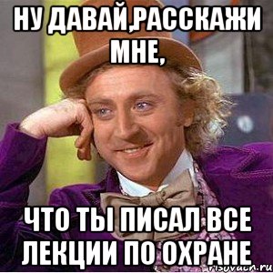 ну давай,расскажи мне, что ты писал все лекции по охране, Мем Ну давай расскажи (Вилли Вонка)