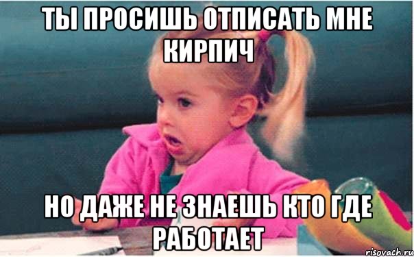 ты просишь отписать мне кирпич но даже не знаешь кто где работает, Мем  Ты говоришь (девочка возмущается)