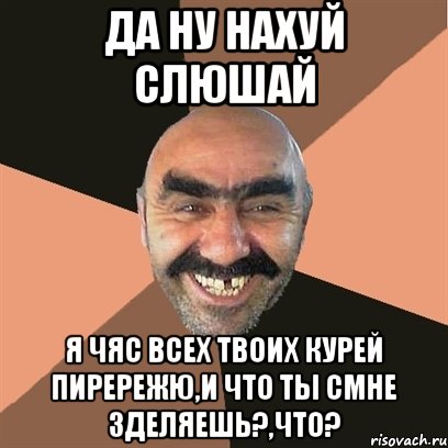 да ну нахуй слюшай я чяс всех твоих курей пирережю,и что ты смне зделяешь?,что?, Мем Я твой дом труба шатал