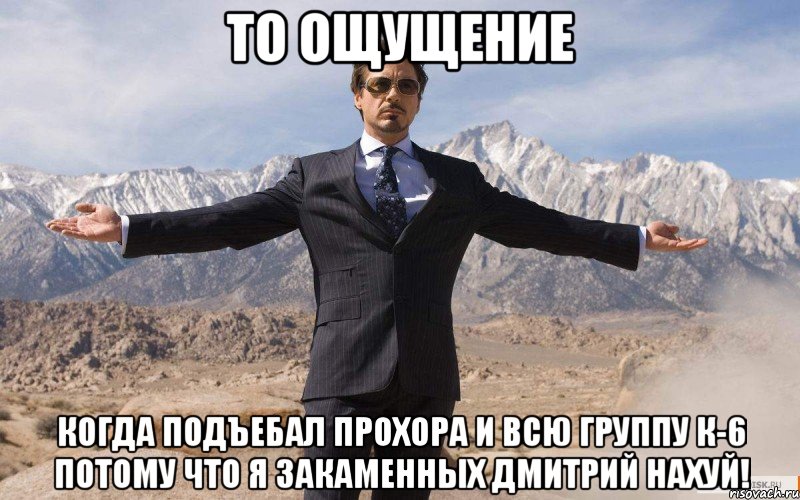 то ощущение когда подъебал прохора и всю группу к-6 потому что я закаменных дмитрий нахуй!, Мем железный человек