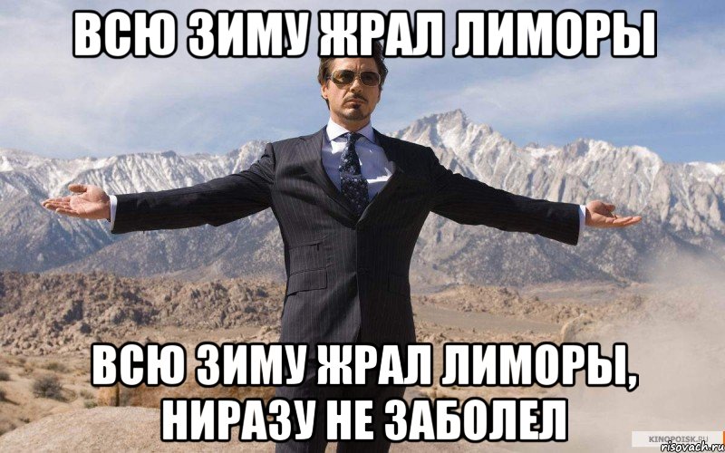 всю зиму жрал лиморы всю зиму жрал лиморы, ниразу не заболел, Мем железный человек