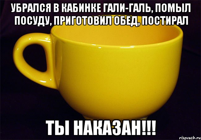 убрался в кабинке гали-галь, помыл посуду, приготовил обед, постирал ты наказан!!!, Мем Жёлтые кружечки