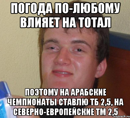 погода по-любому влияет на тотал поэтому на арабские чемпионаты ставлю тб 2,5, на северно-европейские тм 2,5, Мем 10 guy (Stoner Stanley really high guy укуренный парень)