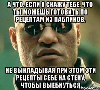 а что, если я скажу тебе, что ты можешь готовить по рецептам из пабликов, не выкладывая при этом эти рецепты себе на стену, чтобы выебнуться, Мем  а что если я скажу тебе