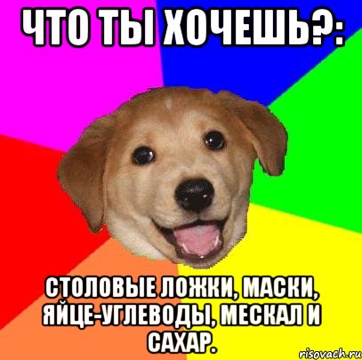 что ты хочешь?: столовые ложки, маски, яйце-углеводы, мескал и сахар., Мем Advice Dog