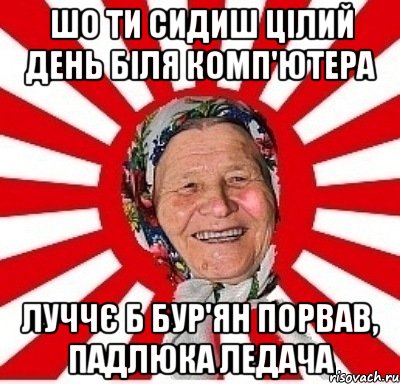 шо ти сидиш цілий день біля комп'ютера луччє б бур'ян порвав, падлюка ледача, Мем  бабуля