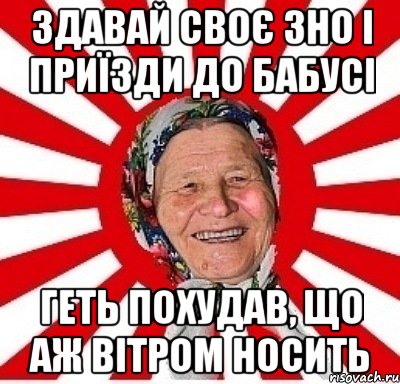 здавай своє зно і приїзди до бабусі геть похудав, що аж вітром носить, Мем  бабуля