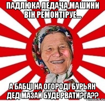 падлюка ледача,машини він ремонтіруе... а бабці на огороді бурьян дед мазай буде рвати?га??, Мем  бабуля