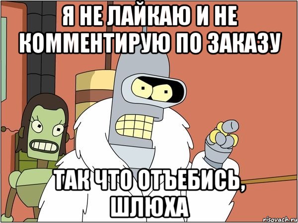 я не лайкаю и не комментирую по заказу так что отъебись, шлюха, Мем Бендер