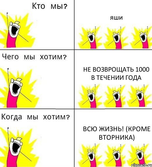 яши не возврощать 1000 в течении года всю жизнь! (кроме вторника), Комикс Что мы хотим