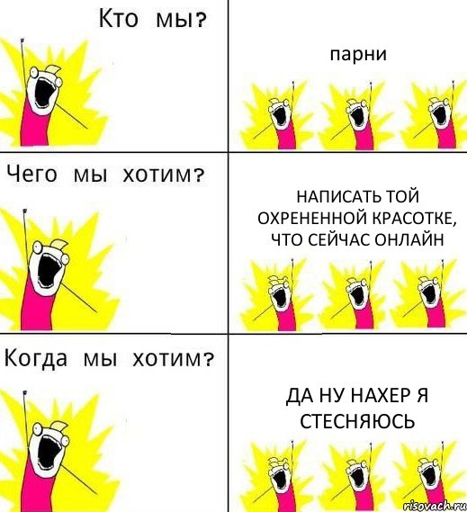 парни написать той охрененной красотке, что сейчас онлайн да ну нахер я стесняюсь, Комикс Что мы хотим