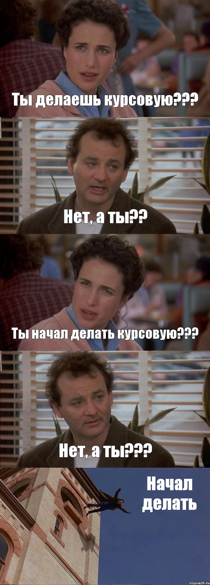 Ты делаешь курсовую??? Нет, а ты?? Ты начал делать курсовую??? Нет, а ты??? Начал делать