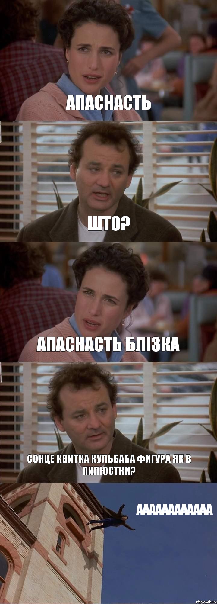 АПАСНАСТЬ ШТО? АПАСНАСТЬ БЛІЗКА СОНЦЕ КВИТКА КУЛЬБАБА ФИГУРА ЯК В ПИЛЮСТКИ? АААААААААААА, Комикс День сурка